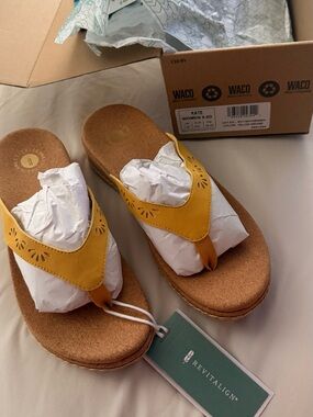REVITALIGN Yellow Laser-Cut Cork Wedge Thong Sandals